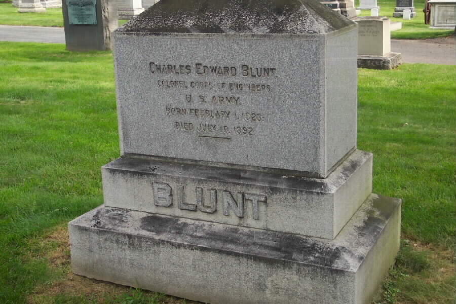 Charles Edward Blunt of New Hampshire Appointed from New York, Cadet, United States Military Academy, 1 July 1842(3) Breveted Second Lieutenant of Engineers, 1 July 1846 Second Lieutenant, 28 February 1848 First Lieutenant, 2 February 1854 Captain, 1 July 1860 Major, 3 March 1863 Lieutenant Colonel, 7 March 1867 Colonel, 30 June 1882 Retired 10 January 1887 Breveted Lieutenant Colonel, 30 June 1866 for long and faithful service and Colonel, 30 June 1866 for meritorious services during the war. Died 10 July 1892 Colonel Blunt is buried in Section 1 of Arlington National Cemetery. His wife, Penelope Bethune Blunt (10 December 1822-18 February 1904), is buried adjacent to him.