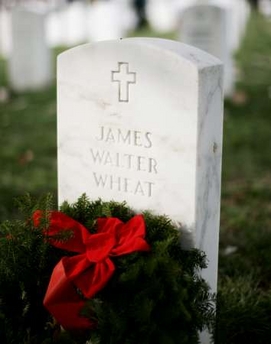 Detail of grave site and holiday wreath at Arlington National Cemetery in Virginia